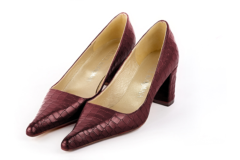 Burgundy red women's dress pumps,with a square neckline. Pointed toe. Medium block heels. Front view - Florence KOOIJMAN